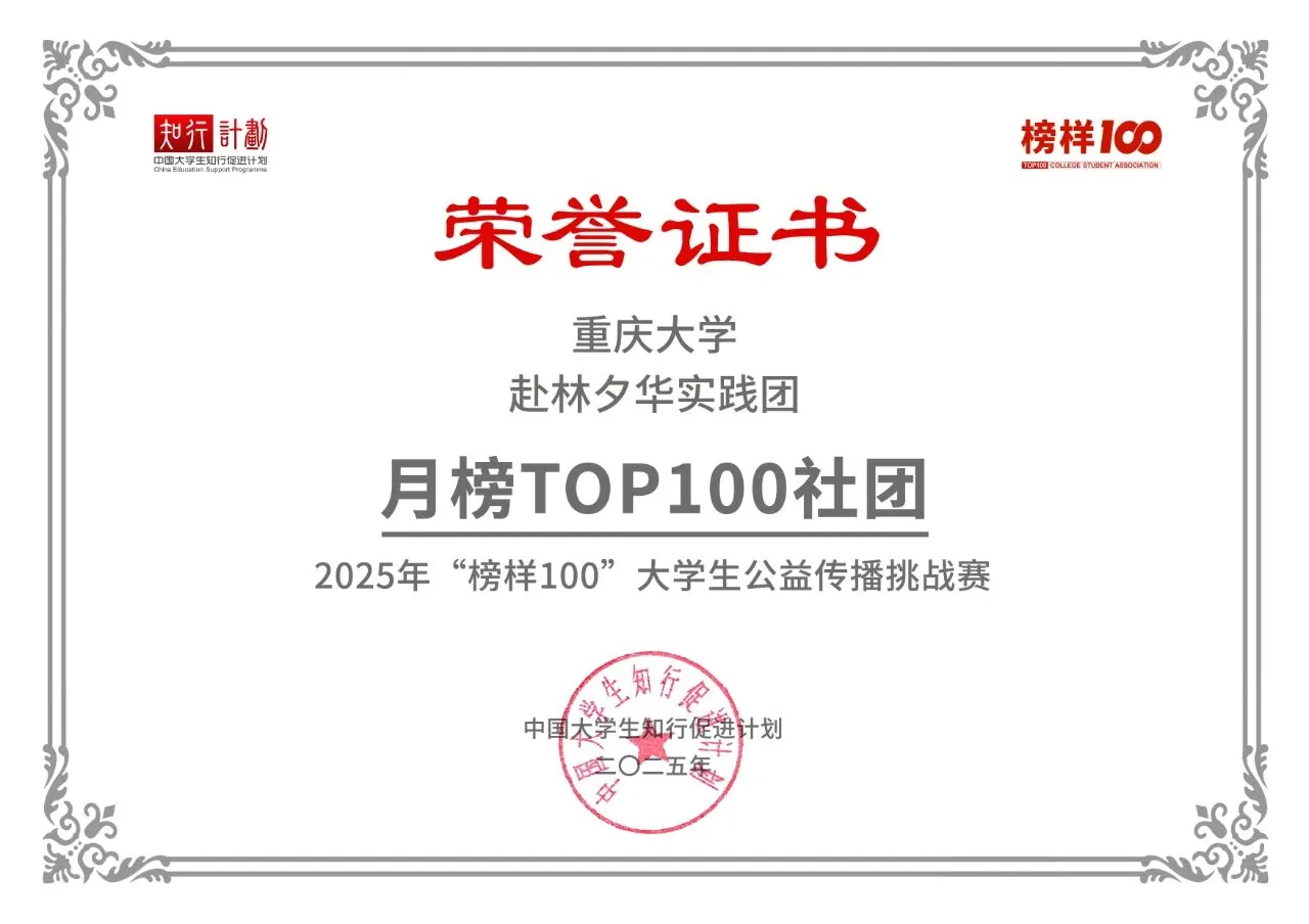 “榜样100”大学生公益传播挑战赛月榜Top 100社团证书